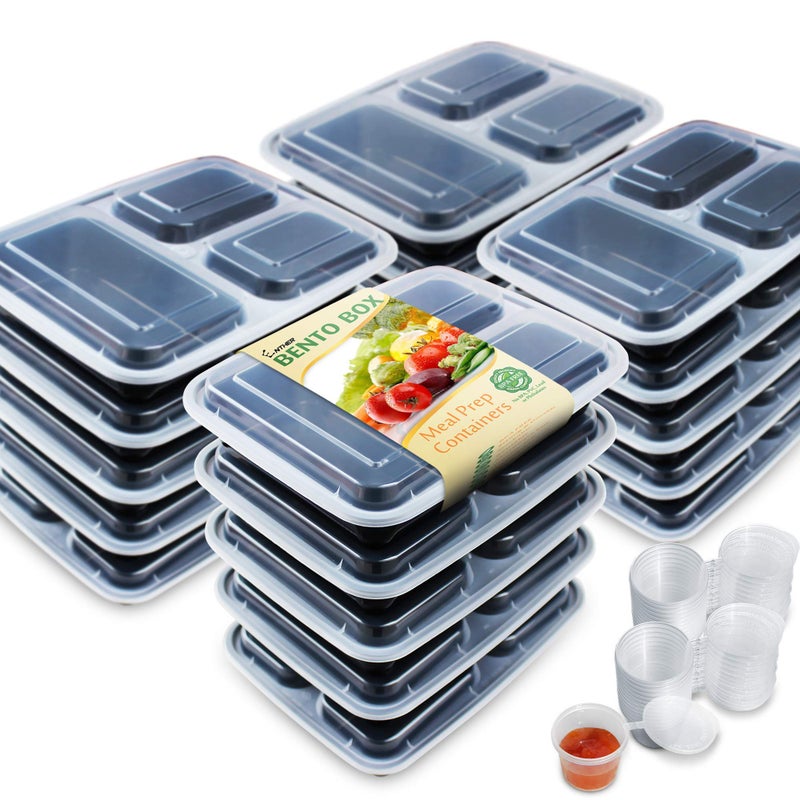 Enther Meal Prep Containers [20 Pack] 36oz 3 Compartment with Lids, Food Storage Bento Box with Souffle Cups BPA Free/Reusable/Stackable, Microwave/Freezer/Dishwasher Safe, Portion Control Black - Image 1